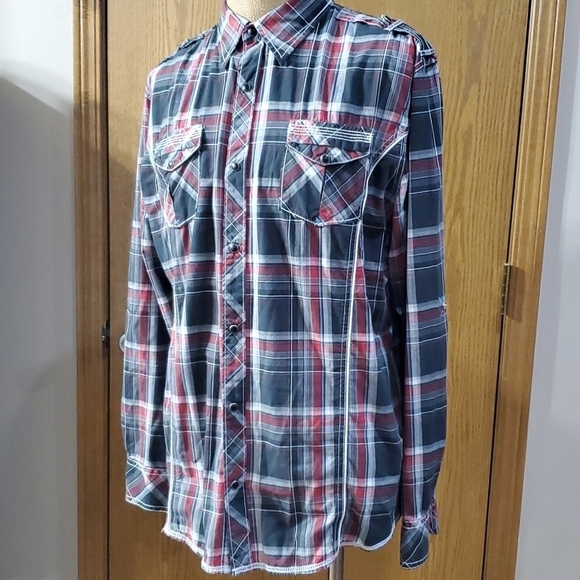 Bke athletic fit red black plaid pearl snap western style shirt - Picture 2 of 7